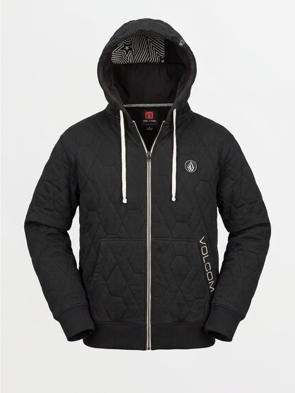 Volcom Black Quilted Zip Hoodie with White Drawstrings Sz. Large Vintage